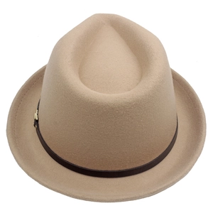 Top view of light khaki wool felt jazz fedora hat with dark brown leather band strap