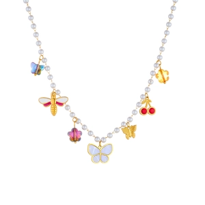 Feminine pearl necklace with gold butterfly, bee, and cherry charms on white background