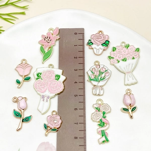 Pink floral enamel pendants in rose and tulip shapes for DIY necklace and jewelry making