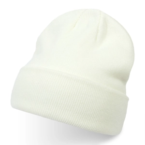 Detailed view of a classic white knitted beanie hat for autumn and winter outdoor wear