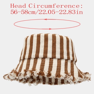 Detailed view of striped fisherman hat with frayed edges and head circumference guide