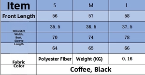 Detailed size chart for crew neck long sleeve pleated t-shirt showing measurements