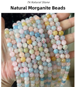 Close-up of hand holding multi-layered 7A natural morganite round beads in pastel colors