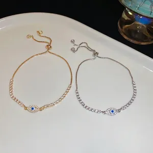 Sparkling zircon oval evil eye pull-chain bracelets in gold and silver finishes