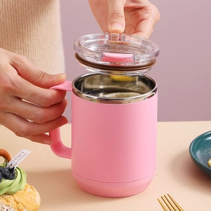 Mug à café rose en acier inoxydable 304 avec poignée et couvercle transparent de bureau