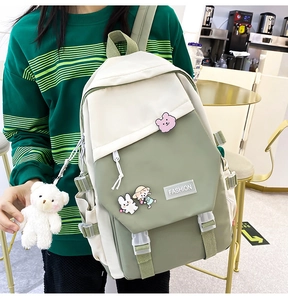 Detail eines grün-weißen Rucksacks mit Bärenanhänger und Cartoon-Ansteckern am Schulter