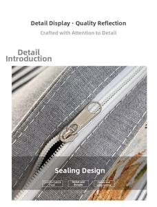 Detail shot of the metal zipper closure and woven fabric texture on the stylish tote bag