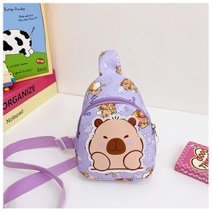 Close-up of cute purple Capybara print kids crossbody bag with adjustable strap