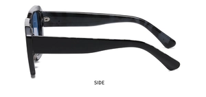 Side view detail of square fashion sunglasses with glossy black frame and blue tinted lenses