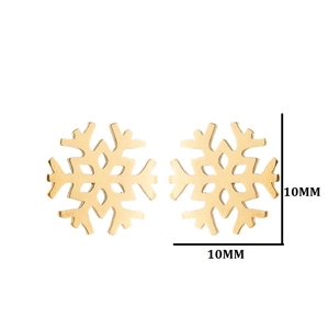 Minimalist golden snowflake stud earrings made of stainless steel for women on white background
