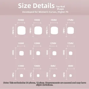Size chart showing 24 pieces of pink press-on toenails in 12 different sizes