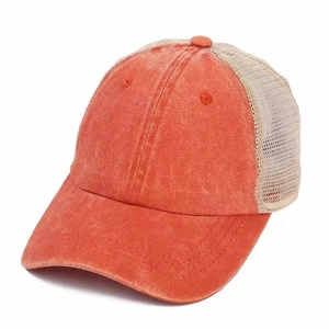 Vintage brick red mesh trucker baseball cap with washed cotton brim for outdoor sun protection