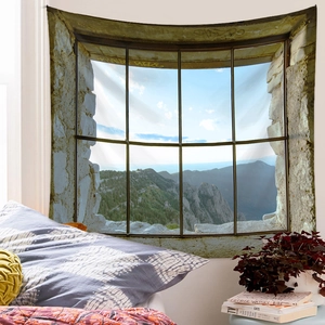 Detailed close-up of a decorative wall tapestry featuring a 3D window view of nature and forest