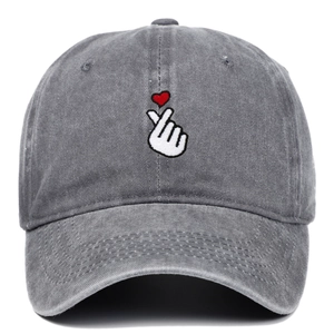 Vintage washed grey baseball cap with finger heart embroidery for outdoor sun protection