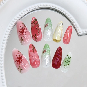 Floral 3D press-on nails with silver butterfly and water drop relief on mirror surface