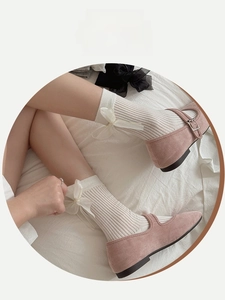 Detail of high-elasticity ribbed cuff on Lolita socks with mesh bow and Mary Jane shoes