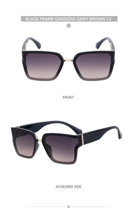 Detailed front and side view of black square sunglasses with gold metal bridge trim