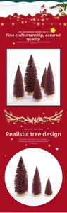 Detailed view of red flocked bottle brush Christmas trees with round wooden bases
