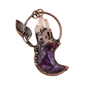 Vintage amethyst moon pendant with white crystal clusters and bronze plant motifs