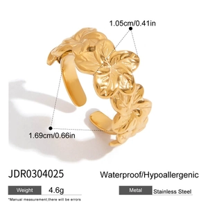 Detail view of gold floral leaf stainless steel ring with dimensions and specs