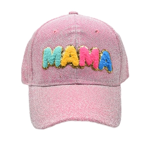 Rosa Glitzer-Baseballkappe mit bunten MAMA-Chenille-Buchstaben und Goldpailletten