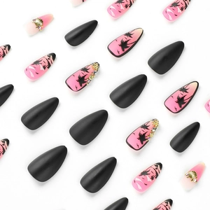 Matte pink gradient black stiletto nails with coconut tree patterns and 3D shell accents
