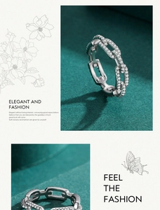 Detail of S925 silver chain ring with pavé cubic zirconia on green velvet background