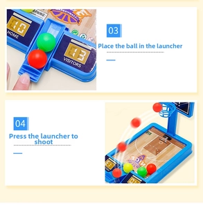 Mini desktop basketball toy details showing ball placement and launching mechanism for kids