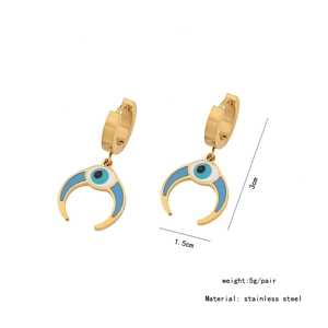 Detail showing dimensions of gold crescent moon and blue evil eye stainless steel earrings