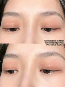 Macro shot of liquid eyeshadow showing fine glitter and shimmering earth tones on eyelids