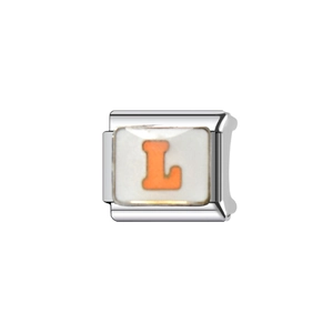 Charme modulaire italien en acier inoxydable avec une lettre L orange sur émail blanc