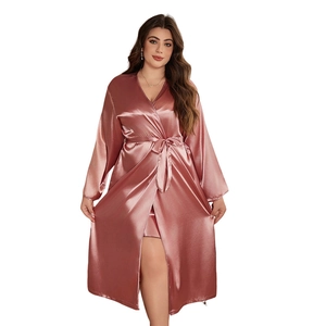 Rose pink satin V-neck bathrobe set with inner slip dress and silk-like tie belt