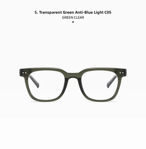 Transparent green square frame glasses with anti-blue light lenses shown in a close-up detail