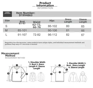 Size chart for long sleeve bodycon dress with bust, waist, and hip measurements
