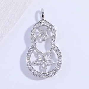 S925 silver double flower double pearl gourd pendant base with cubic zirconia accents