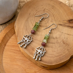 Traditional Chinese long tassel earrings with green bamboo beads and silver flower charms