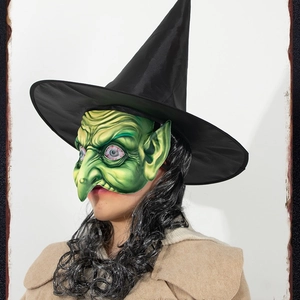 Halloween witch costume set with green latex mask, pointed black hat and long wig