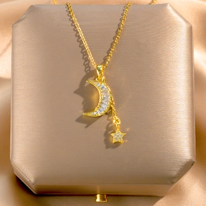 Korean Light Luxury Titanium Steel Star Moon Pendant Necklace With Zirconia Gold Tassel Neck Chain For Women Jewelry Gift