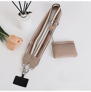 Detail of khaki striped crossbody phone strap with mini zipper pouch and silver hardware