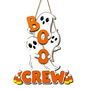 Decorazione Halloween in legno Boo Crew con fantasmi e corda per appendere