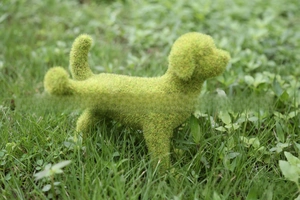 Detail of green flocked puppy garden statue showing realistic moss texture on grass