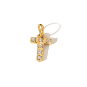 Detailed view of gold plated 316L stainless steel letter T pendant with zircon inlays