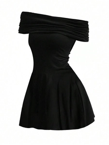 Elegant off-shoulder black mini dress with pleated neckline and high waist for women