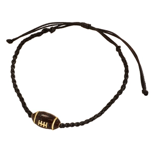 Adjustable brown woven rugby friendship bracelet with a golden sparkle football charm
