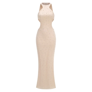 Luxurious halter backless champagne evening dress with exquisite beaded pearls and cutouts