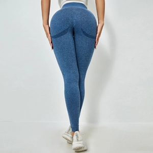 Pantalon de yoga bleu chiné à taille haute avec effet push-up pour fitness et course