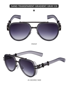 Front and side view of punk aviator sunglasses with sand transparent frames and grey lenses
