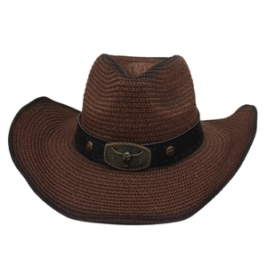 Classic dark brown woven cowboy hat with bull head metal buckle and vintage wide brim