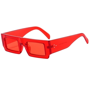 Modern red transparent rectangular sunglasses with chunky frames and silver rivets decor