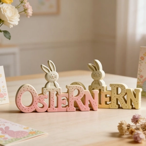 Detail of OSTERN alphabet Easter bunnies decor in pastel tones on a wooden table